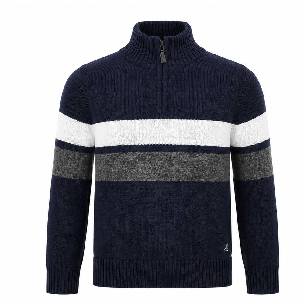 IZOD Boys Quarter Zip Sweater Navy White Gray Colorblock Cotton Size S 8 EUC
